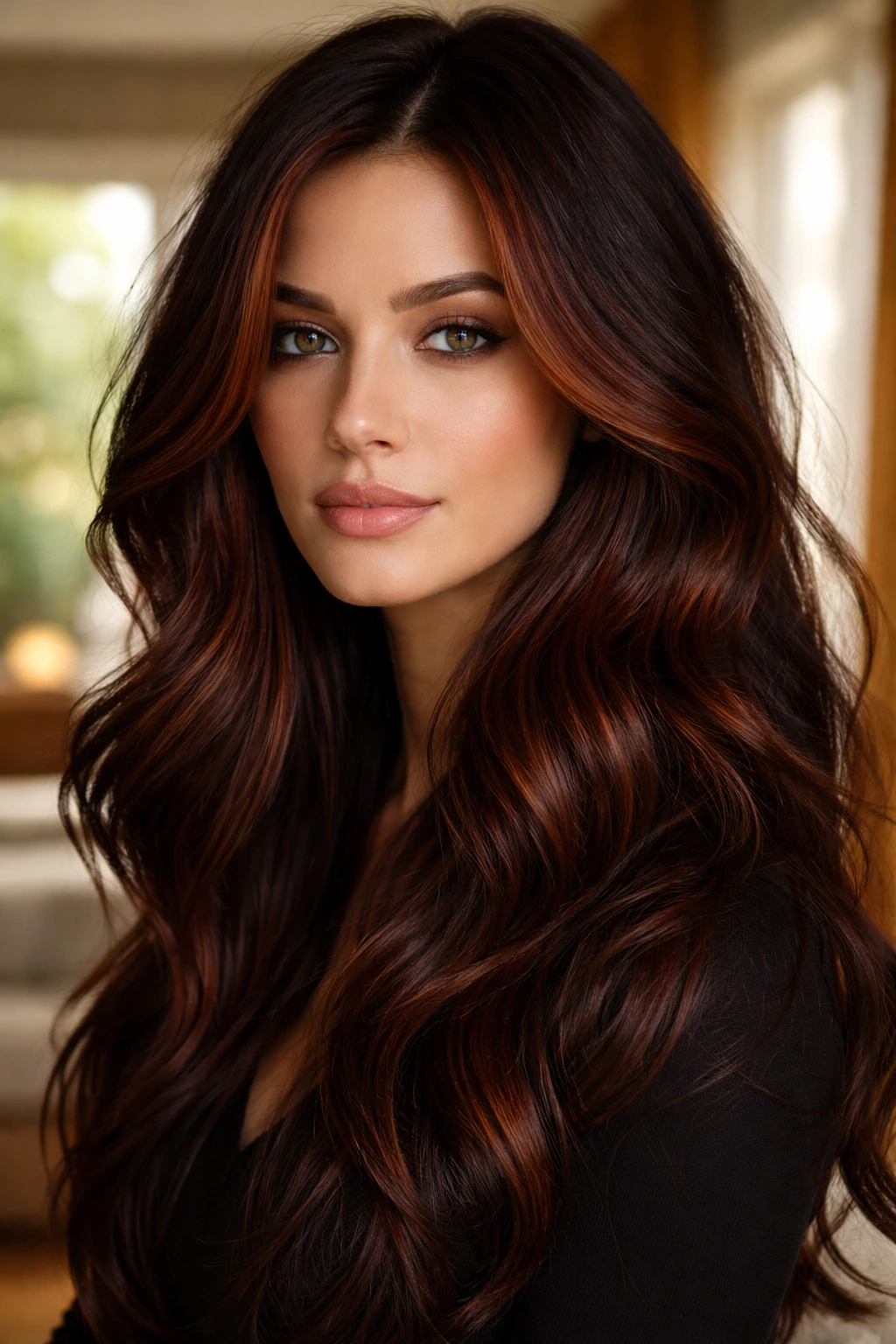 Close-up portrait of a real woman with deep auburn copper hair in a sunlit living room