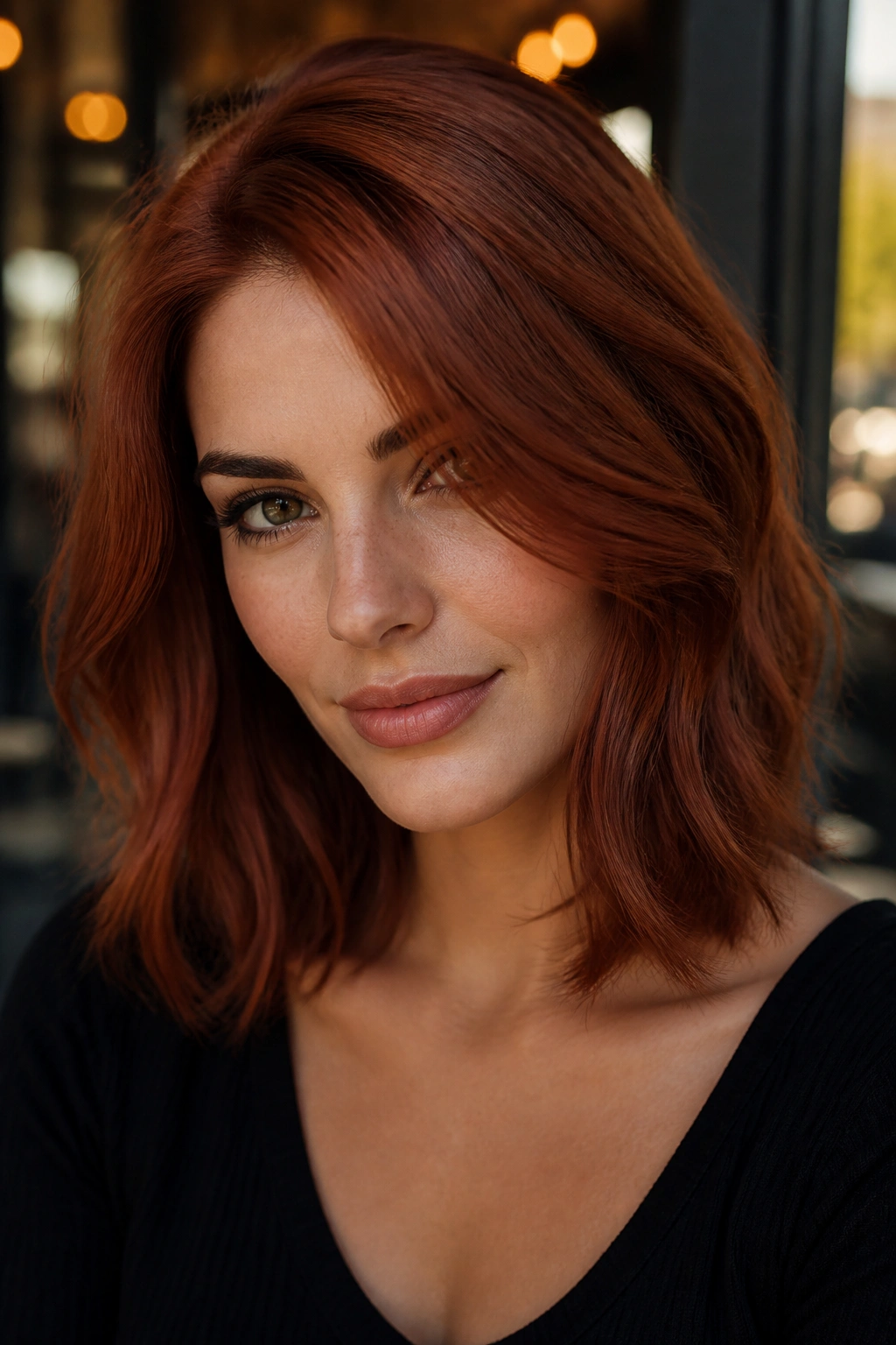 Portrait of a person with deep auburn copper hair and dark brows