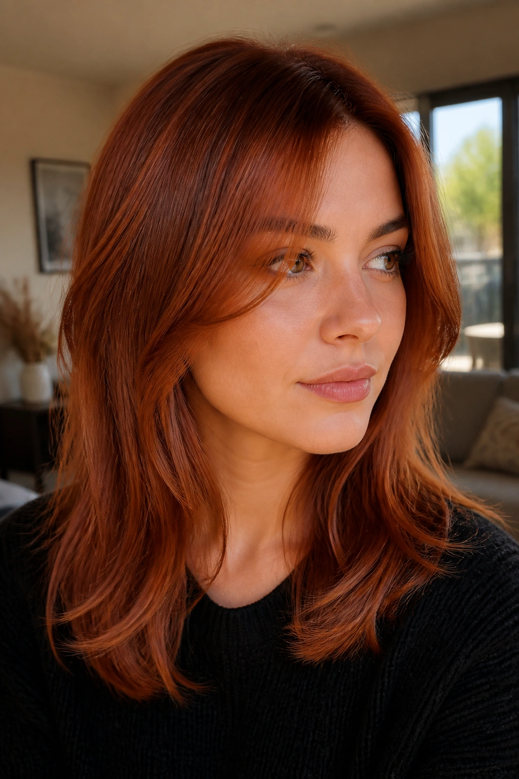 Close-up portrait of a real woman with auburn-copper midi cut featuring face-framing pieces