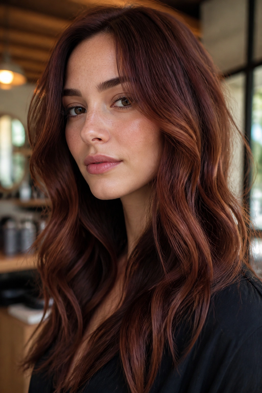 Close-up of a real person with smoky auburn copper melt hair.