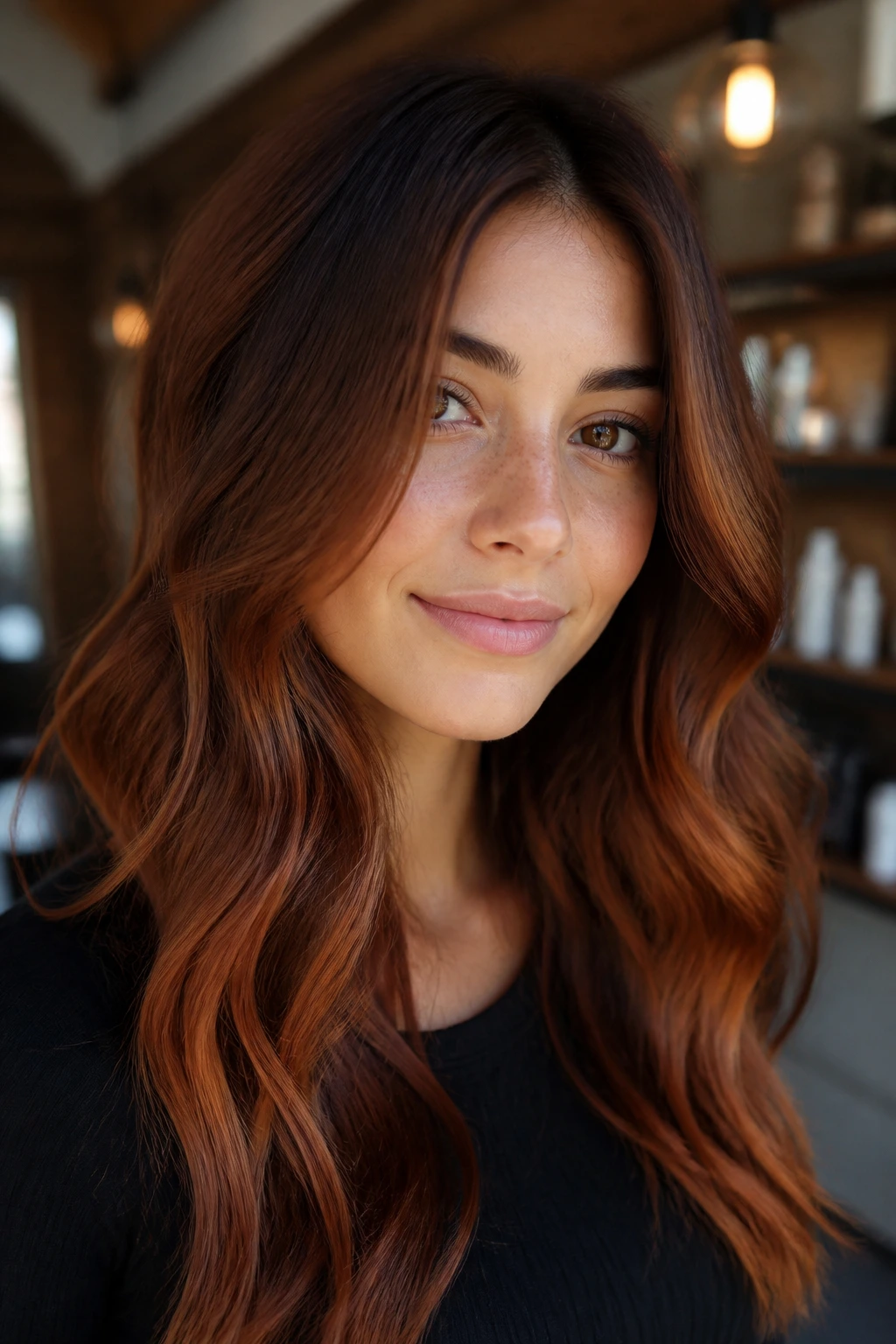Close-up of auburn copper melt on warm brown hair with soft waves