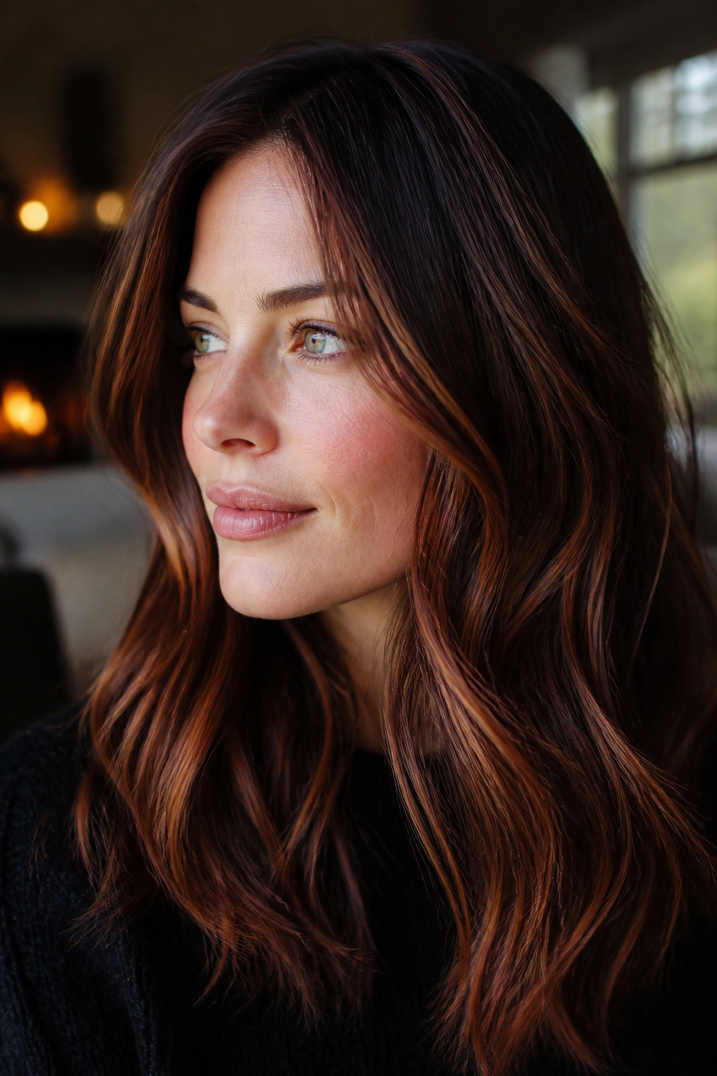 Close-up portrait of brunette hair with auburn-copper ribbon highlights woven through the strands