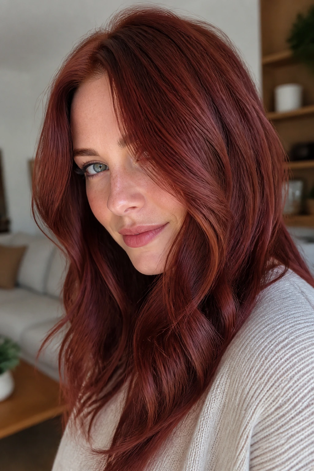 Close-up of a real woman with Auburn Copper hair and violet glaze in natural light
