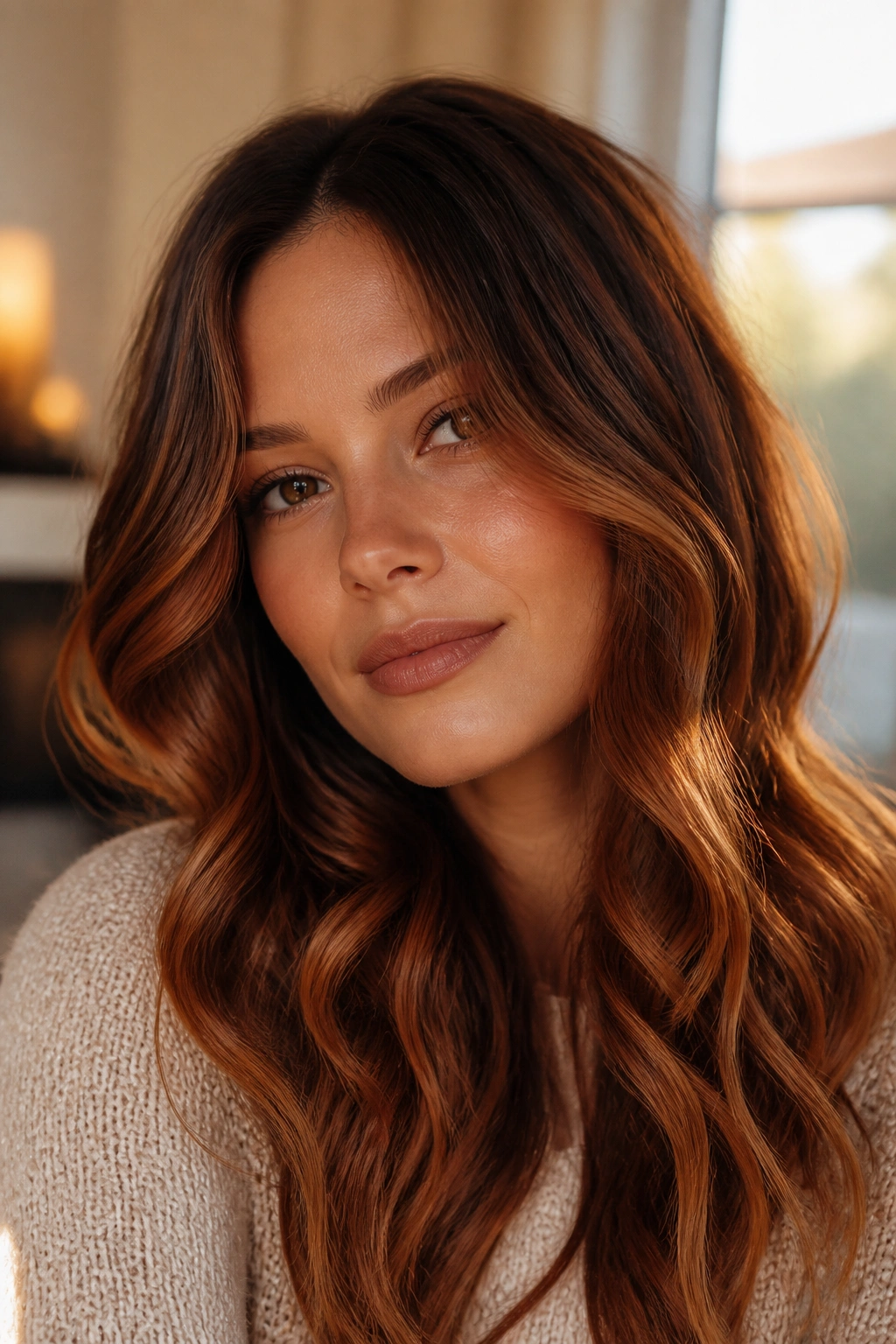 Close-up of a real woman with chestnut hair and auburn copper balayage in soft waves