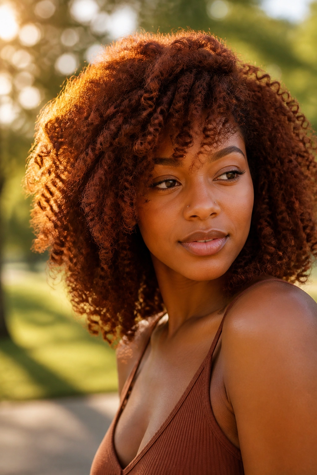 Close-up portrait of a person with auburn curls in golden hour light