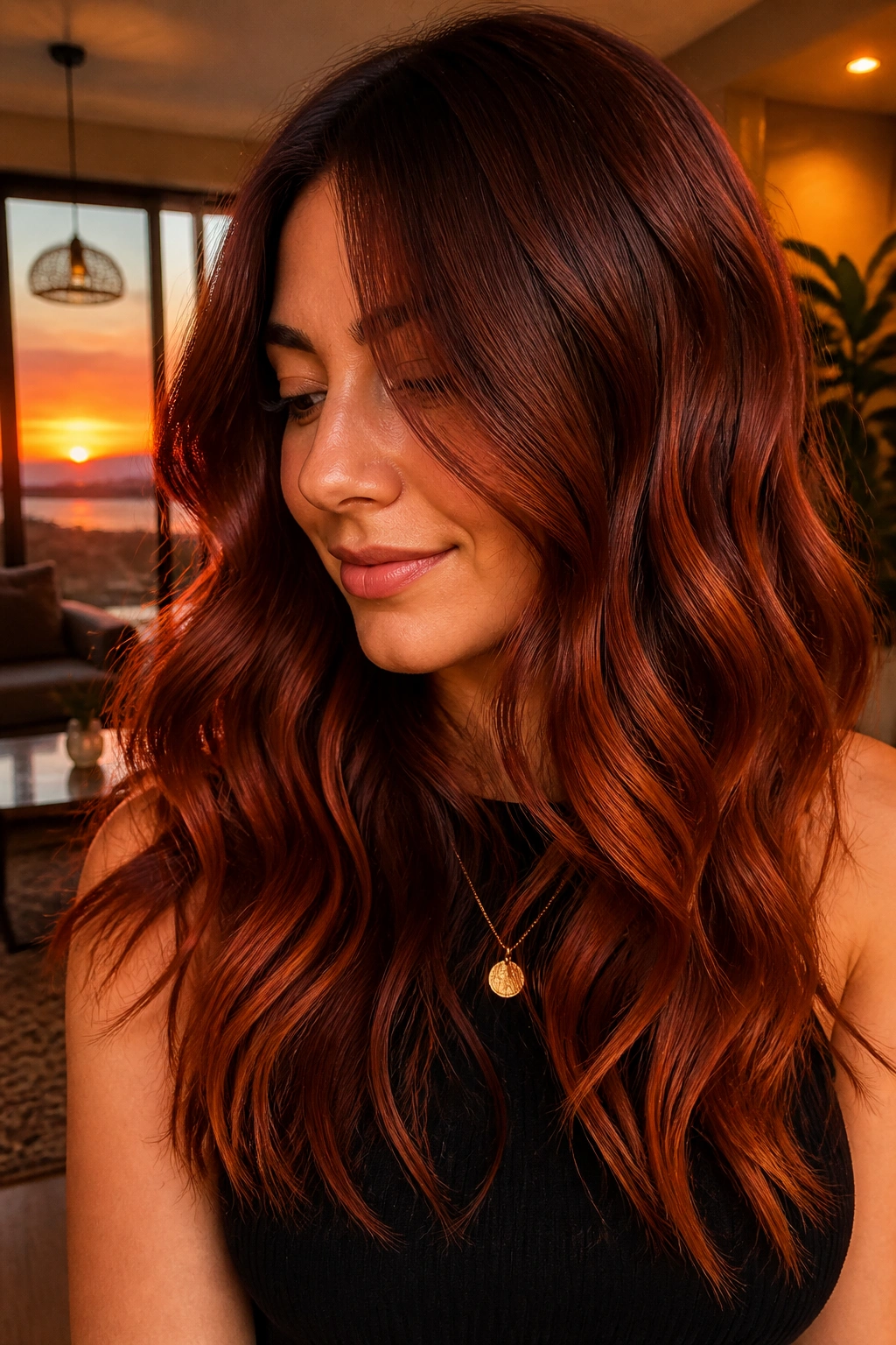 Auburn ember ombre on warm-toned wavy hair