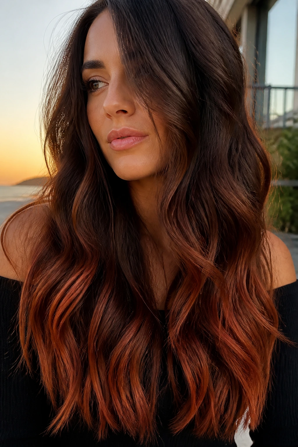 Close-up portrait of a real person with copper-ended long waves on brown hair