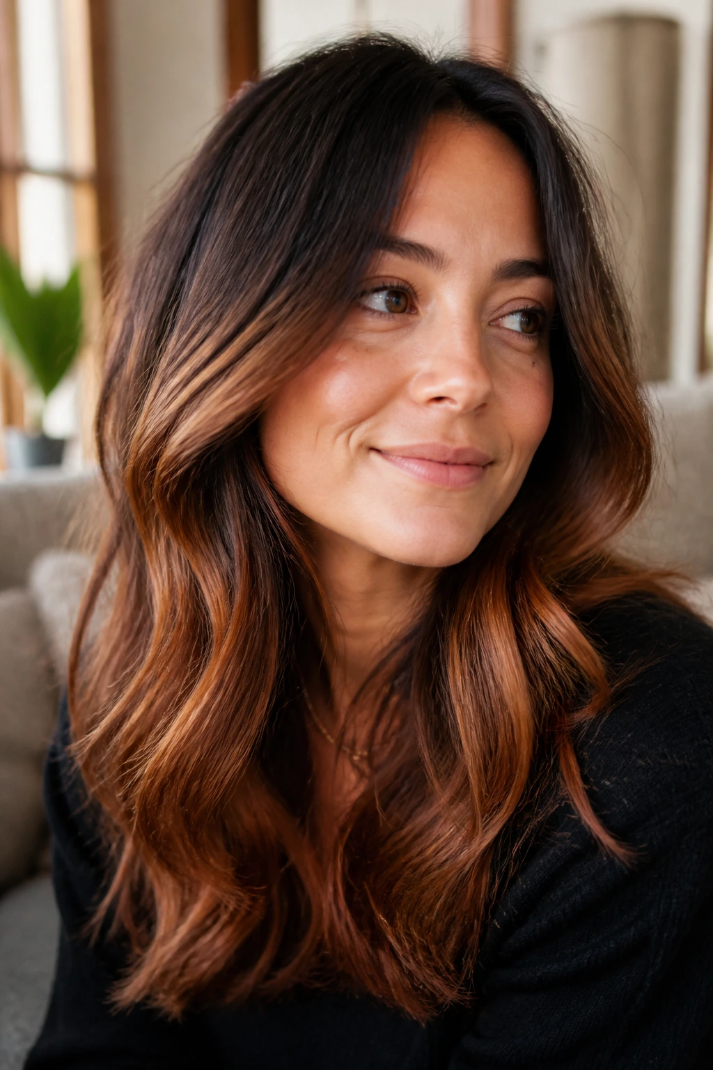 Close-up portrait of a real woman with Auburn-Tinted Ends and soft waves.