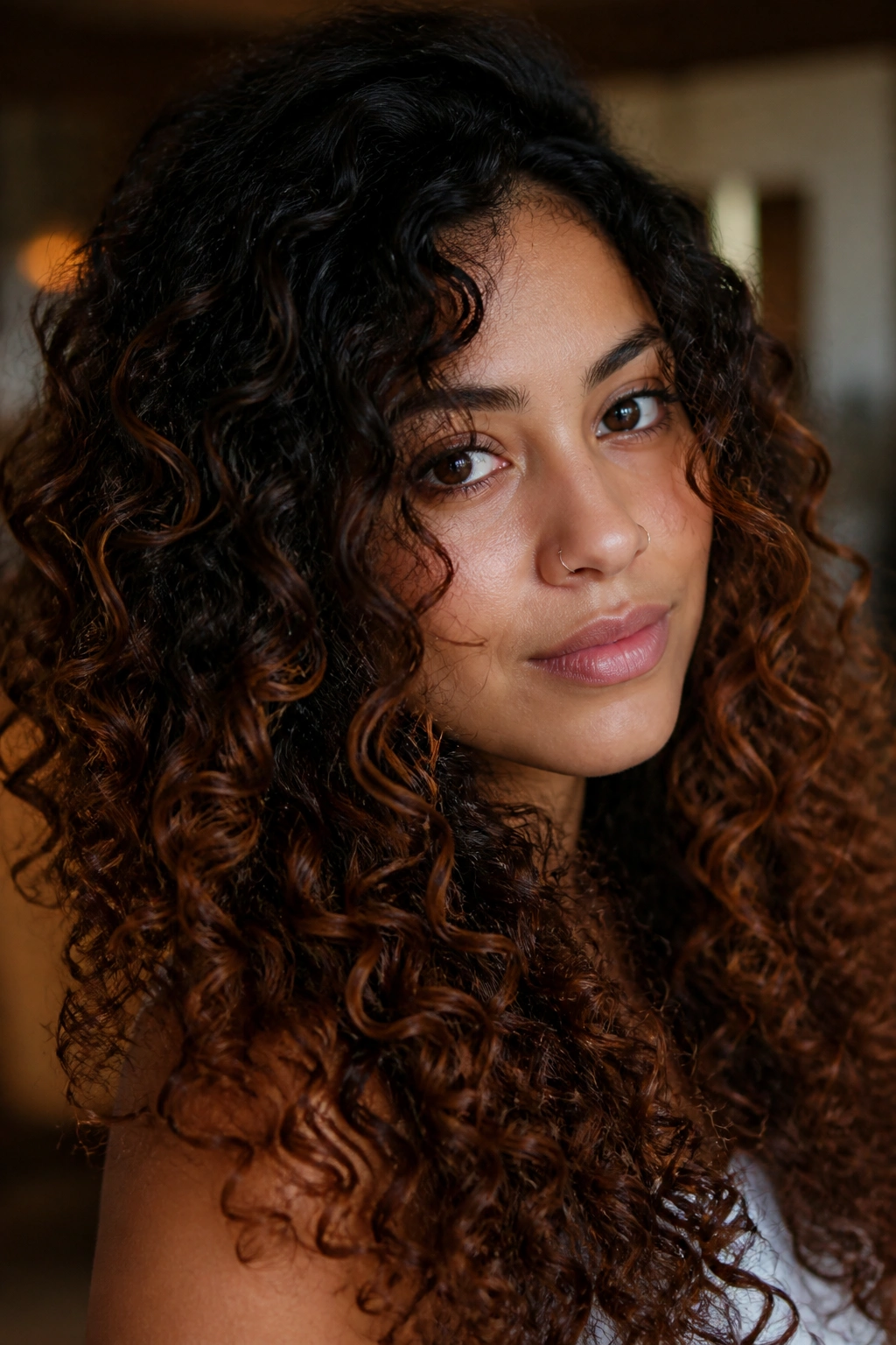 Close-up of deep brown curls with auburn ends on a real woman