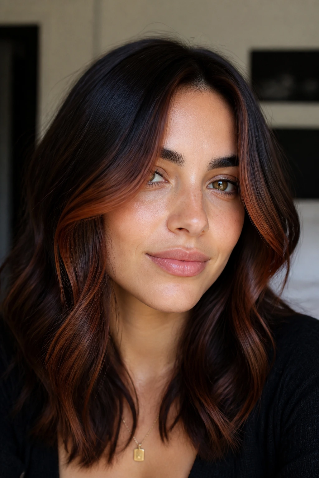 Close-up of auburn face-framing pieces on dark brown hair