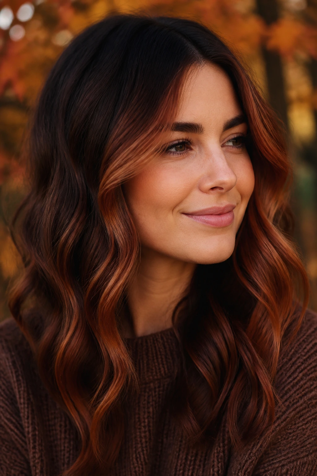 Portrait of a real person with auburn face-framing on warm brown hair