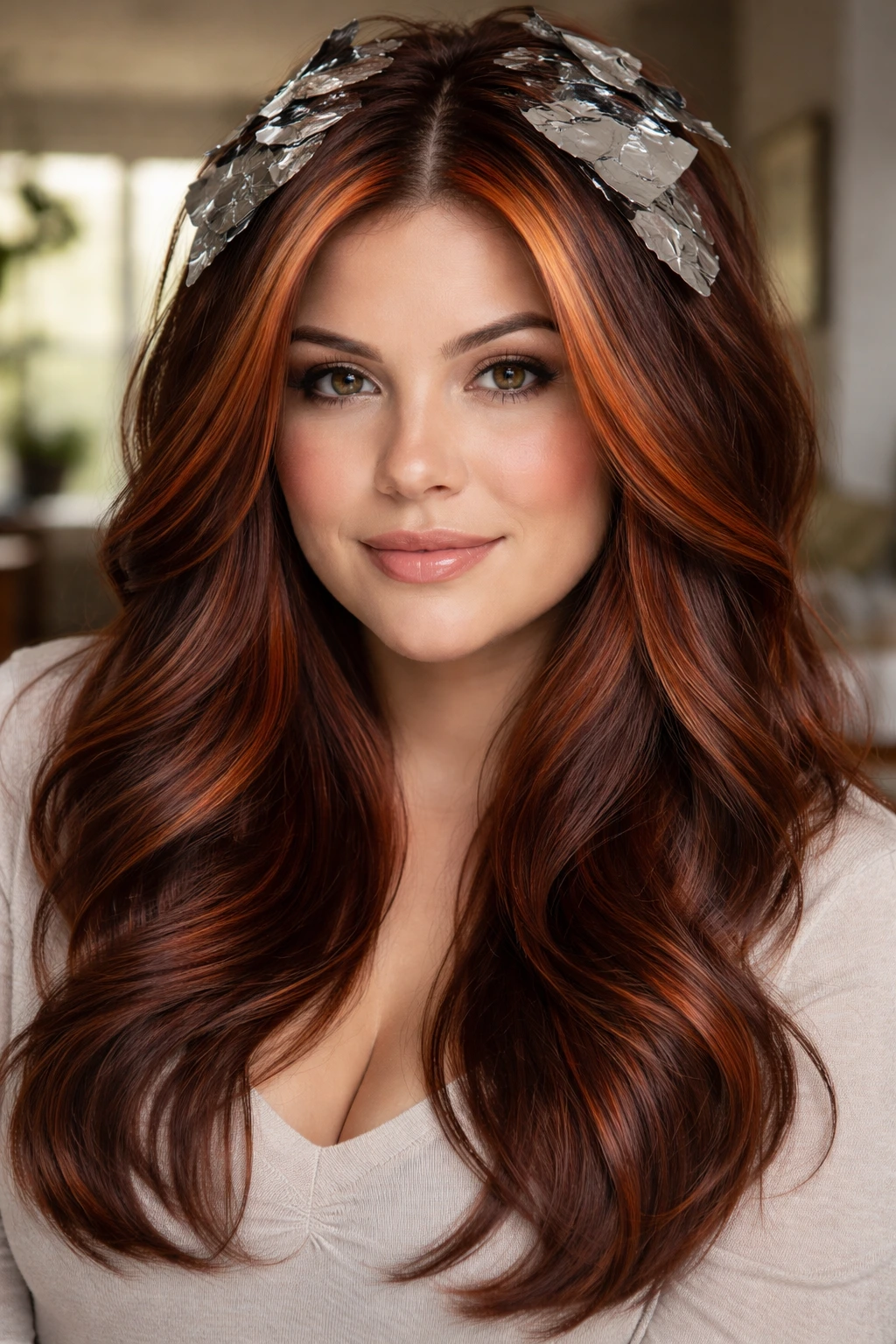 Real woman with Auburn Foilayage showing bright auburn foils near the crown