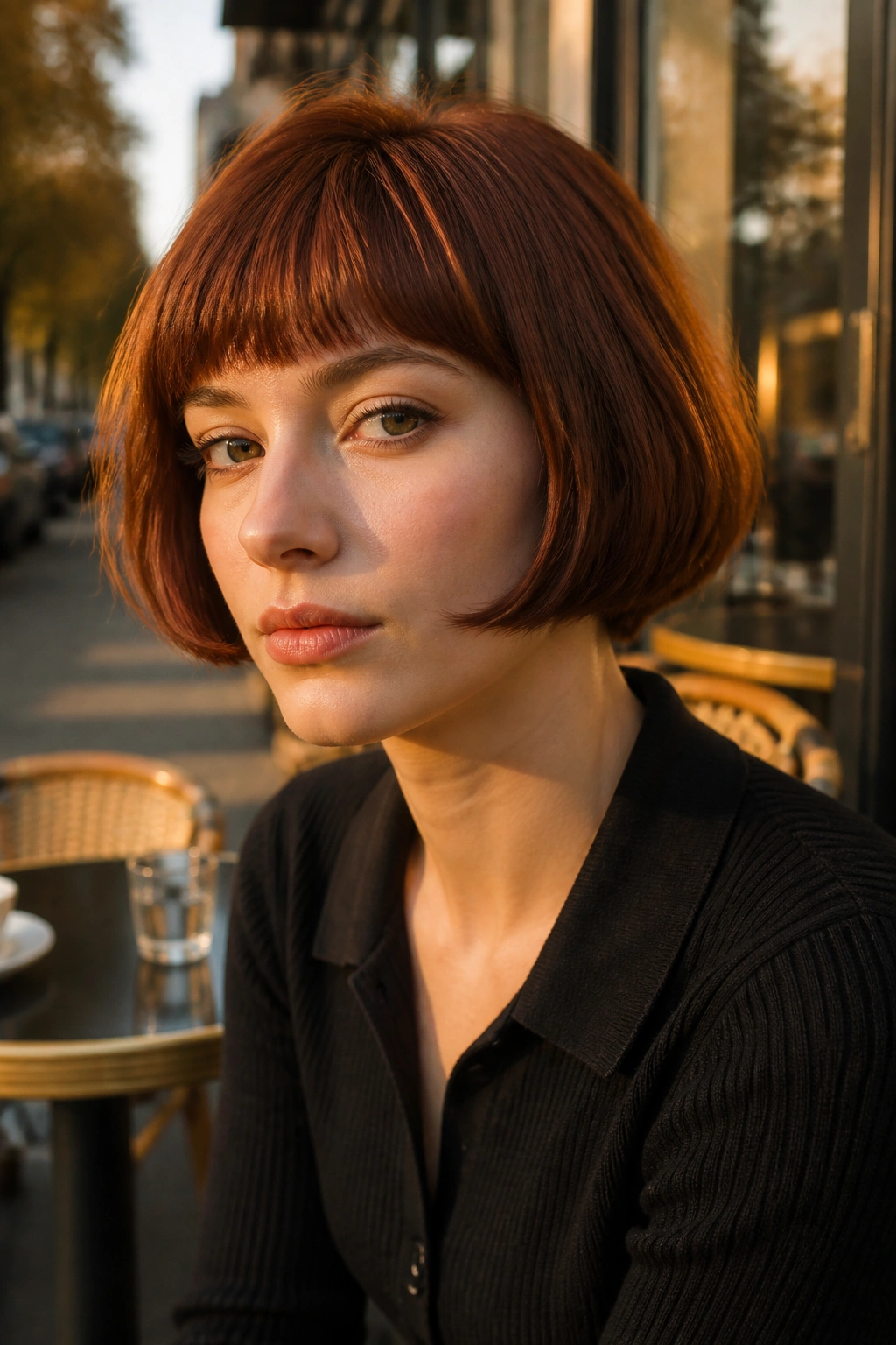 Portrait of a real woman with auburn French bob and fringe