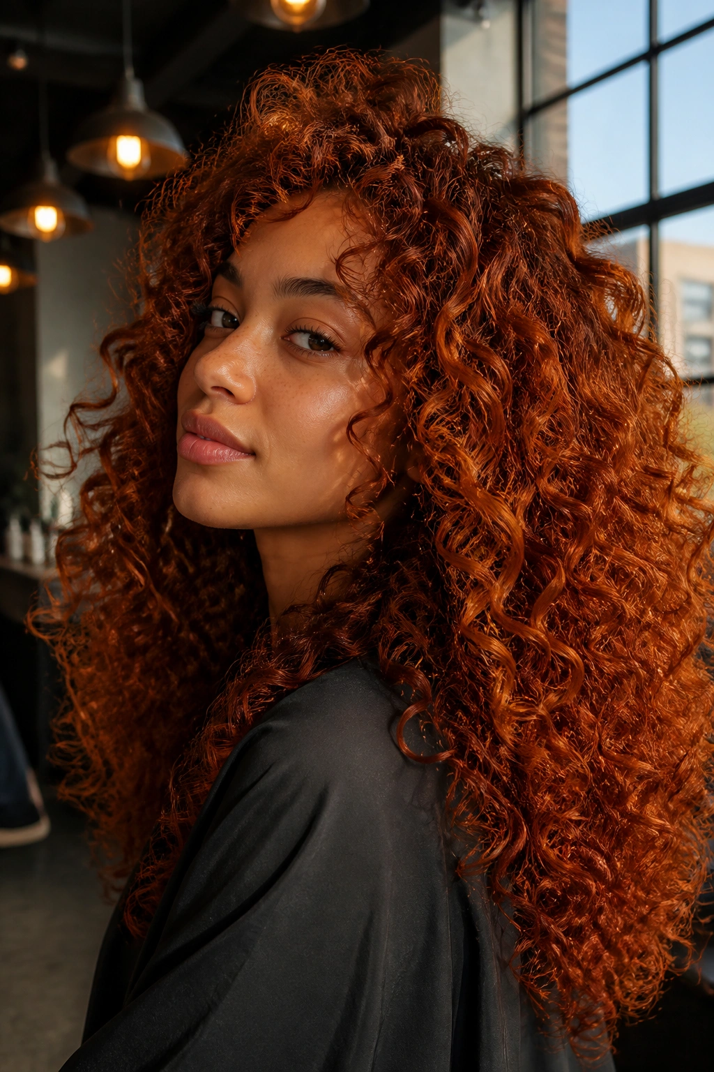 Close-up of a real person with auburn ginger curly hair in warm salon lighting
