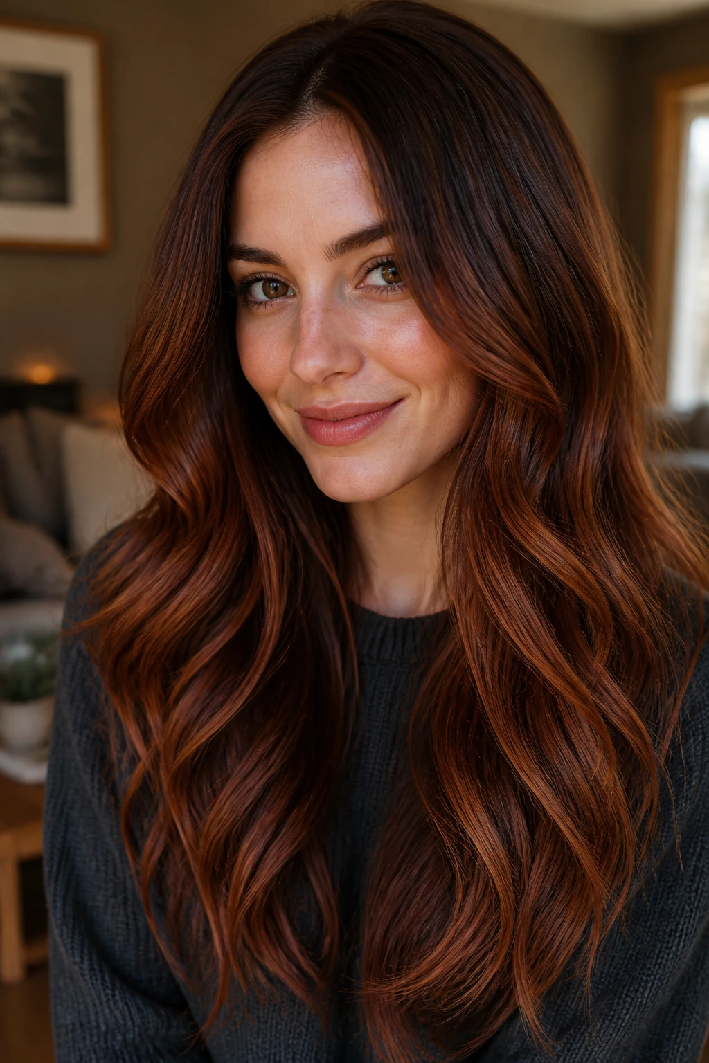 Close-up of brown hair with auburn glaze highlights on a real person in a cozy living room