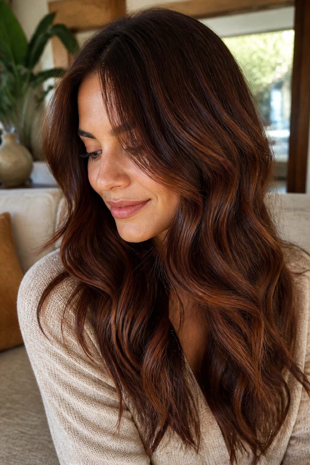 Close-up of brunette hair with auburn glaze and brunette highlights