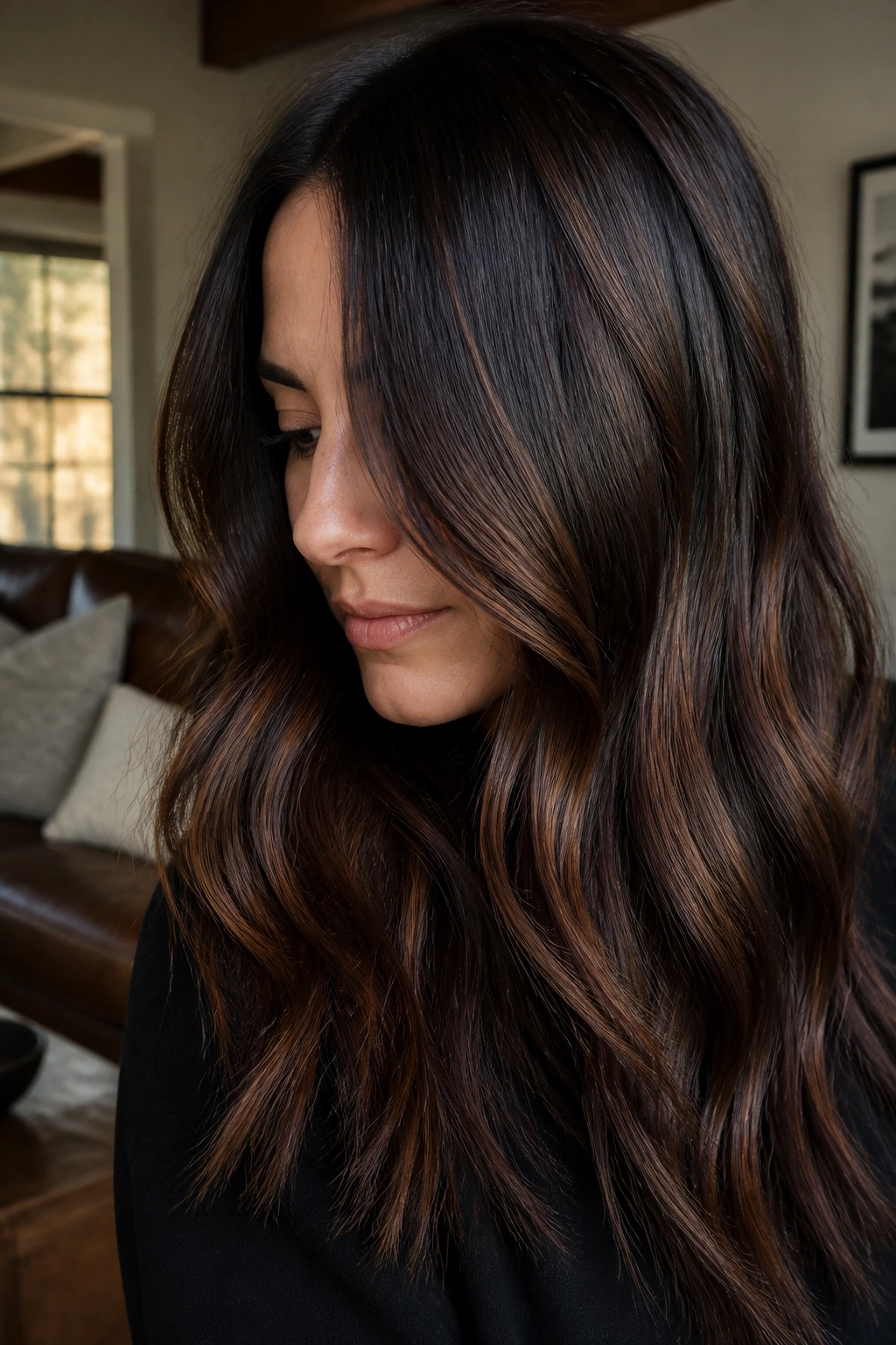 Close-up of dark brunette hair with subtle auburn gloss