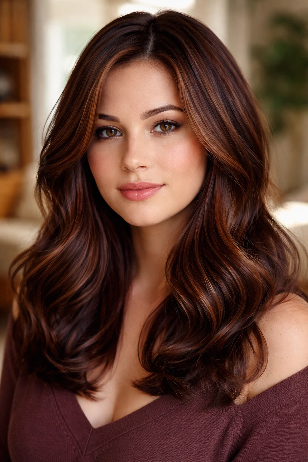 Close-up of a woman with dark auburn hair and caramel highlights