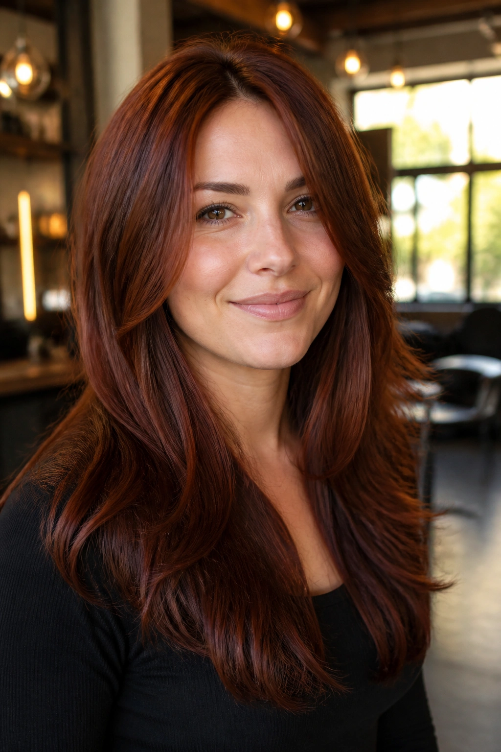 Close-up of a real woman with deep auburn layered hair