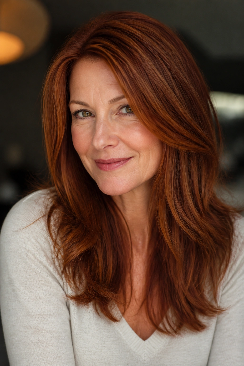 Close-up portrait of a real woman with rich auburn hair and micro-lowlights