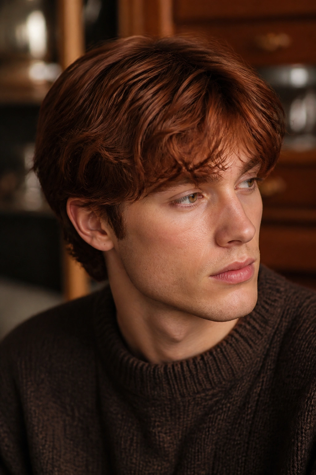 Close-up portrait of a man with auburn hair in a warm indoor setting