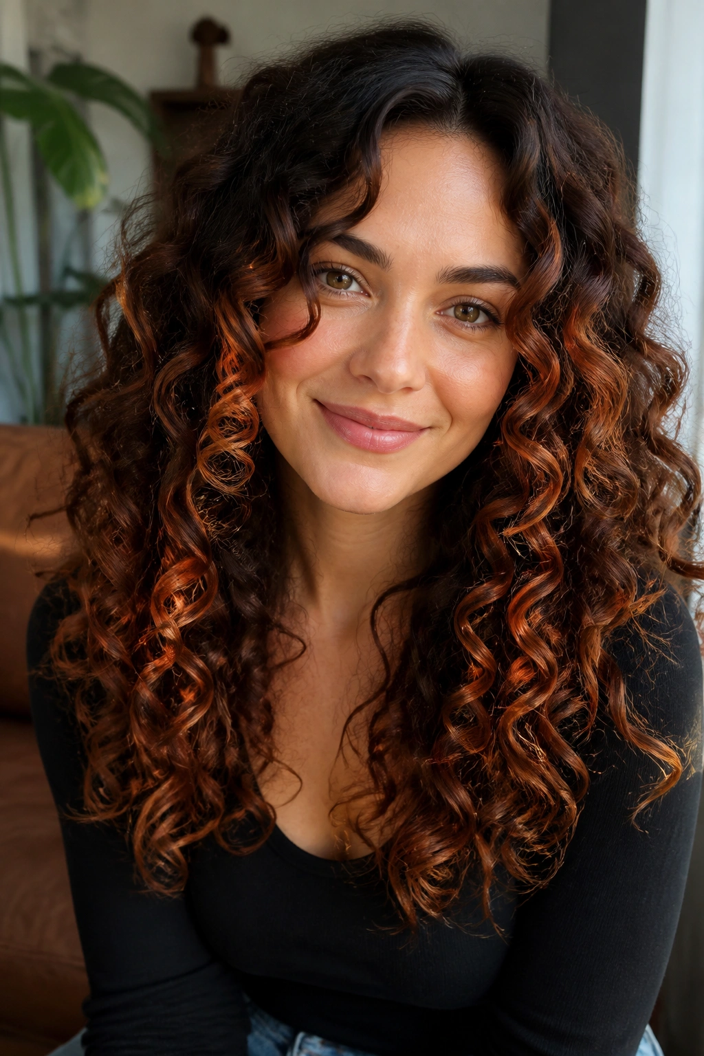 Close-up of a real woman with auburn highlights following curly hair shape