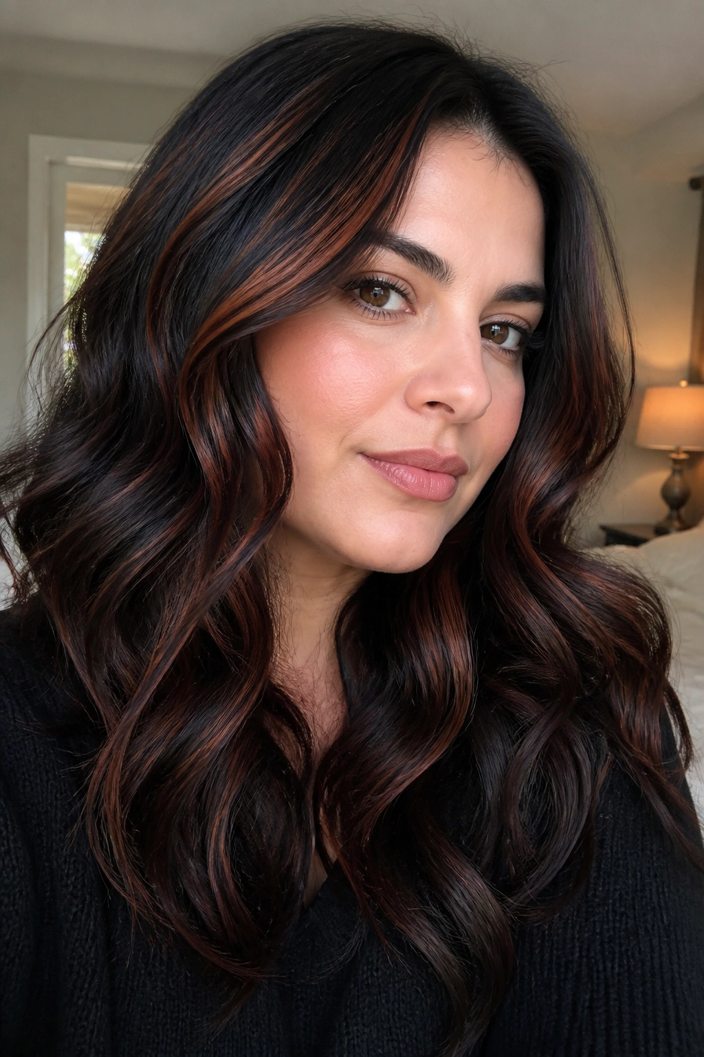 Close-up of hair with thin auburn ribbons over soft black base