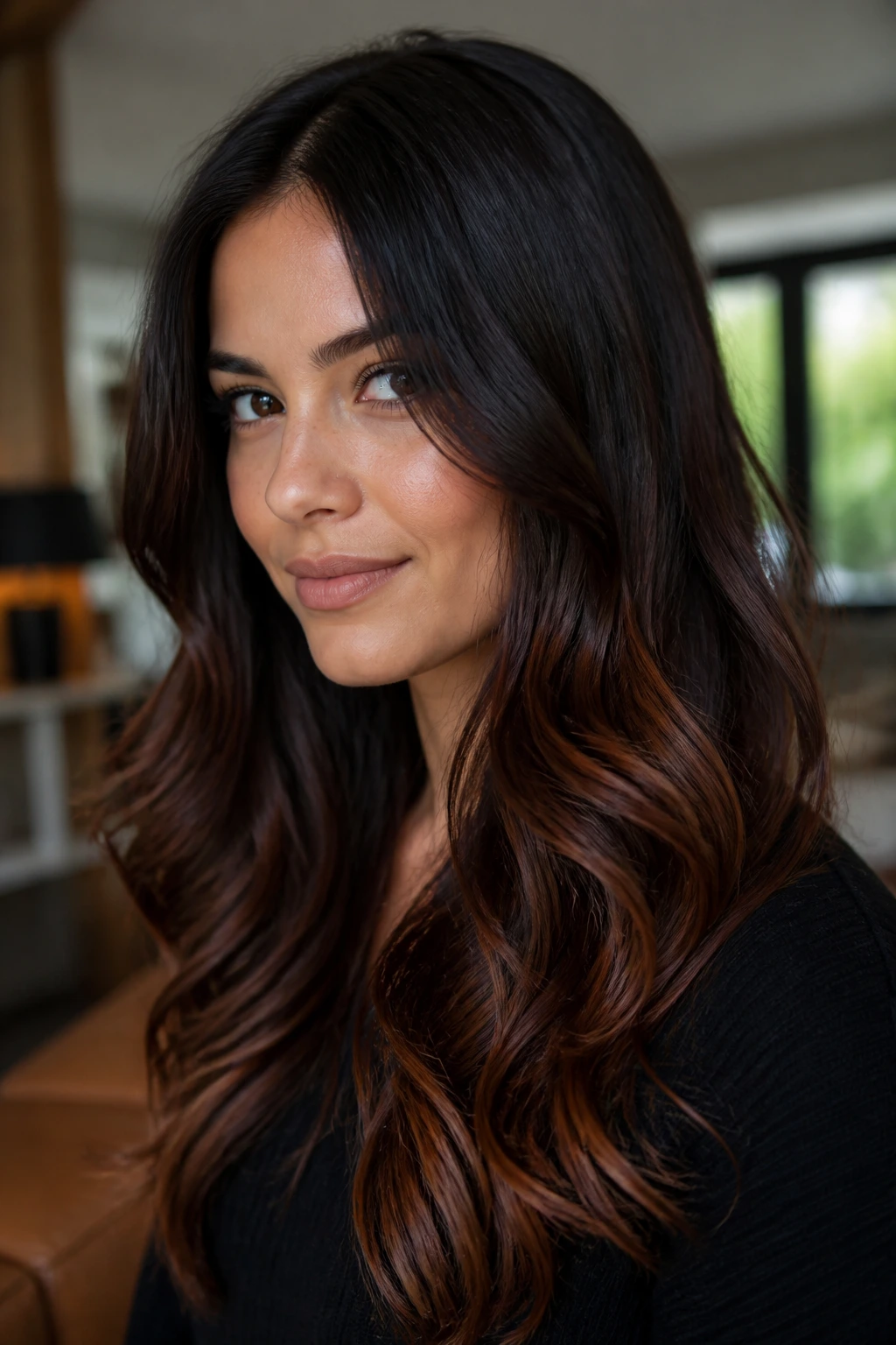Close-up of a real woman with auburn kiss ombre on deep brunette hair