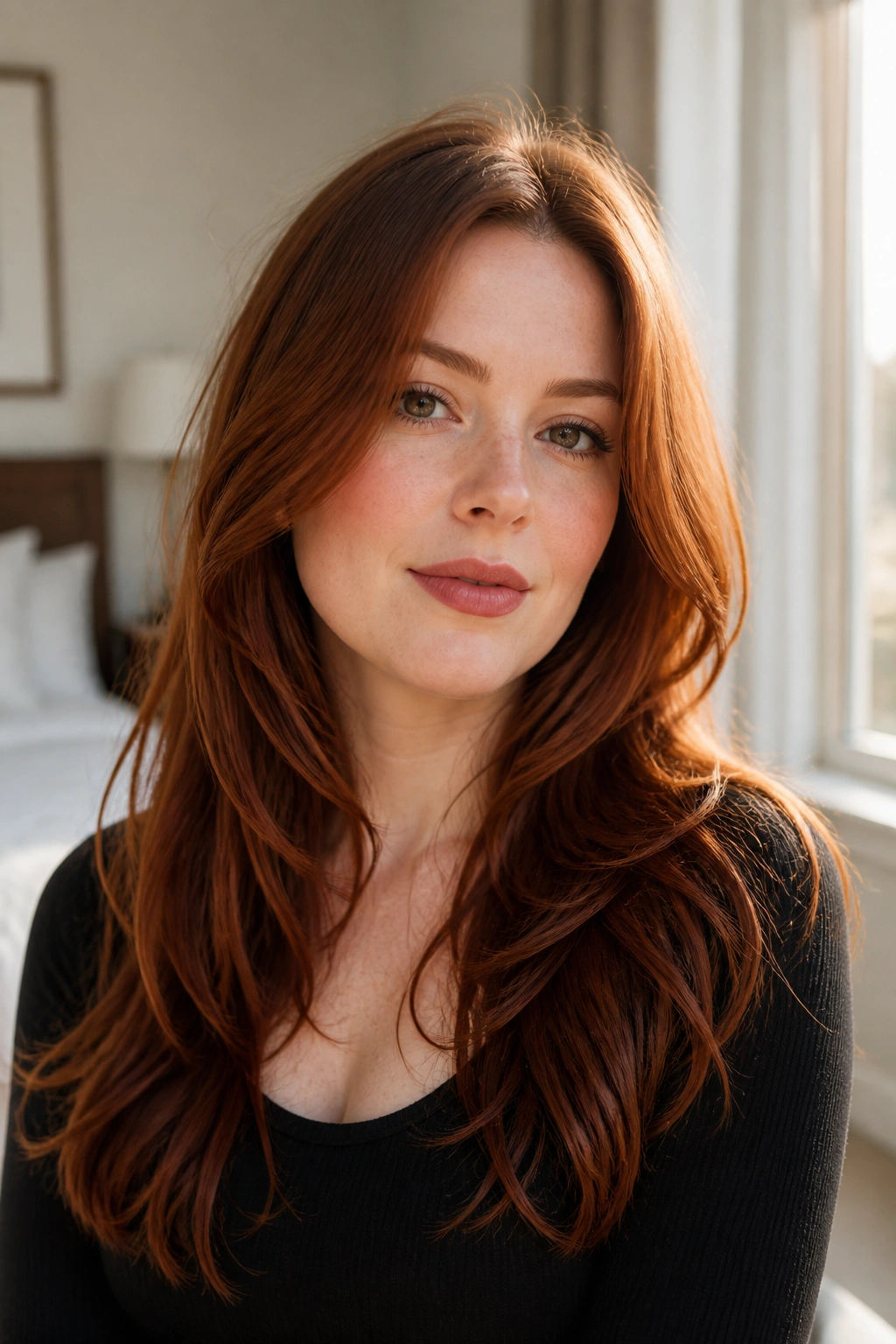 Close-up portrait of a woman with long auburn layered hair starting below the cheekbones, soft waves