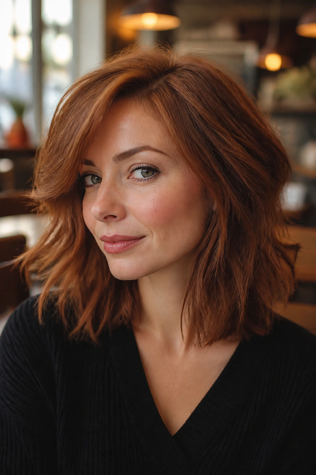 Close-up portrait of a real woman with auburn lob shag and soft side part in warm cafe light