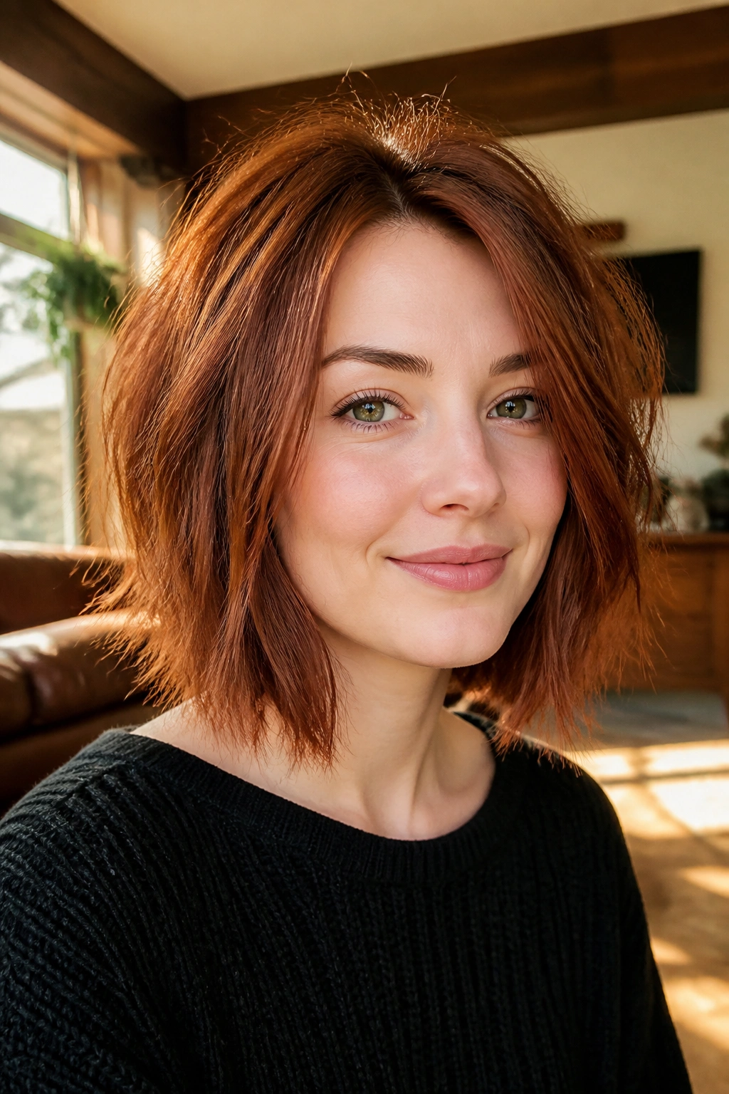 Real woman with auburn shattered lob and airy ends