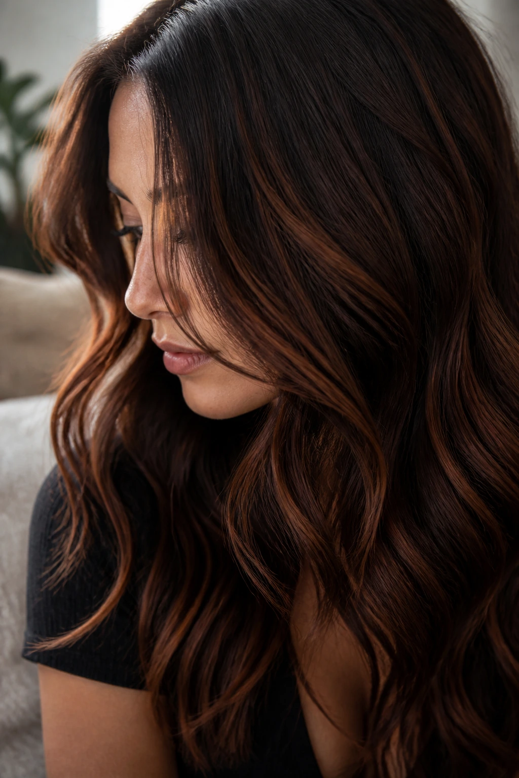 Close-up of brunette hair with auburn lowlights framing the face