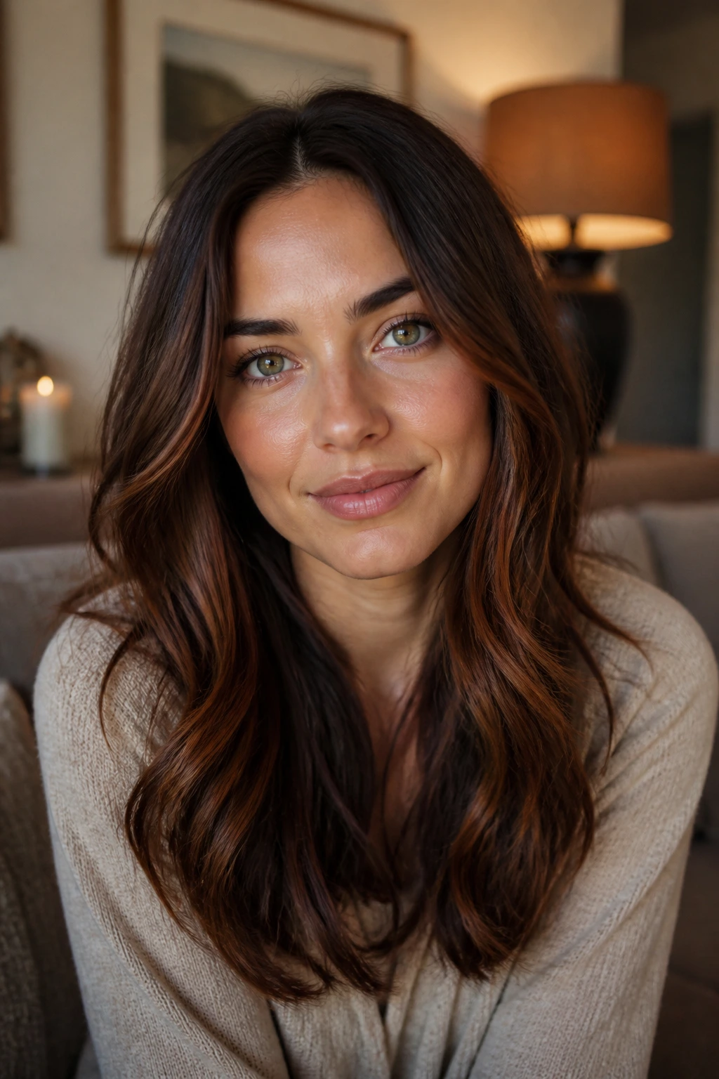 Close-up of brunette with auburn lowlights enhancing warmth
