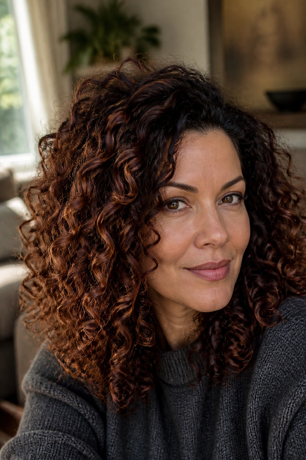 Close-up of a real woman with curly brown hair showing warm auburn mahogany highlights on outer curls