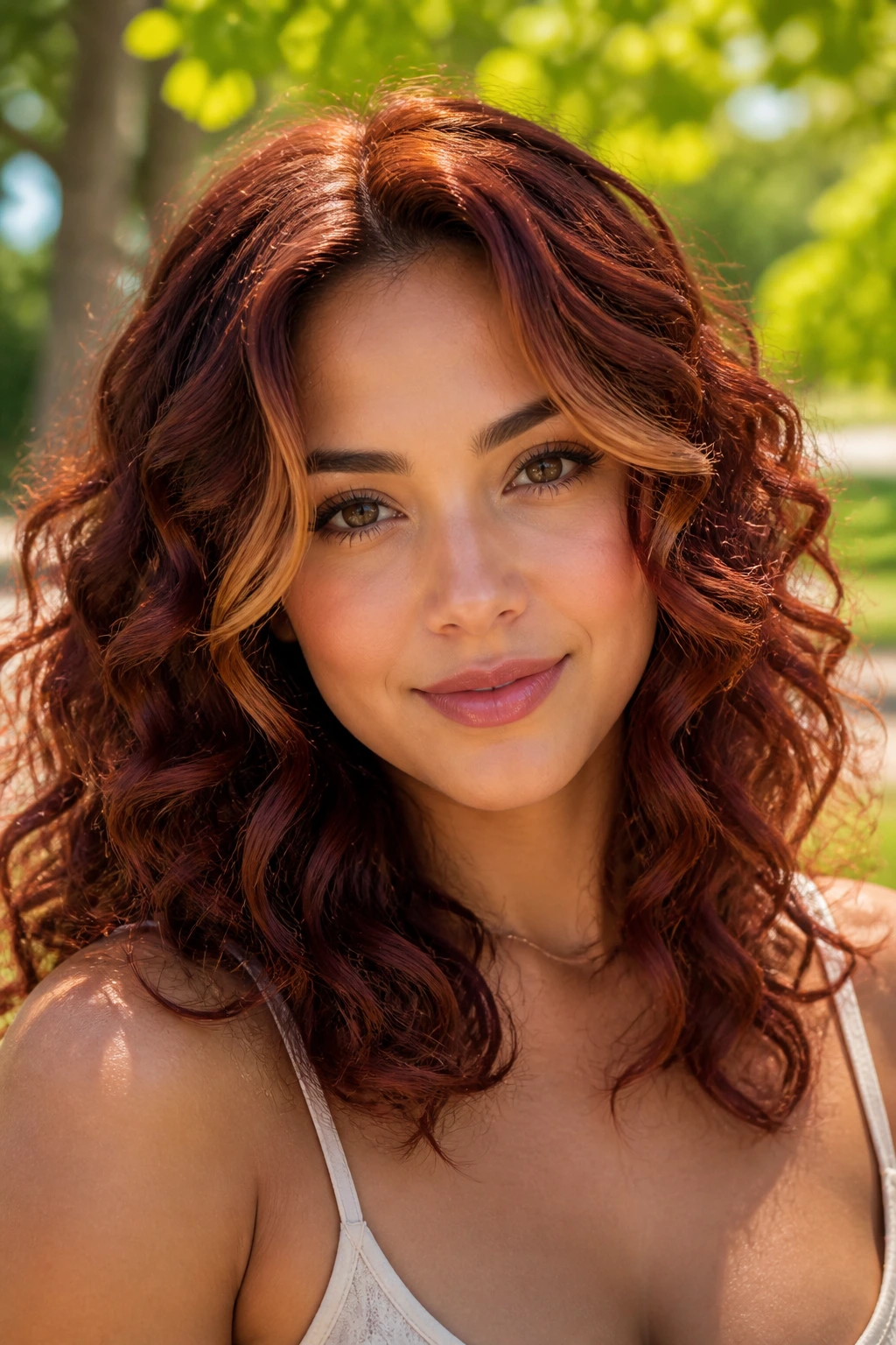 Close-up of a real woman with auburn mahogany curls and face-framing highlights