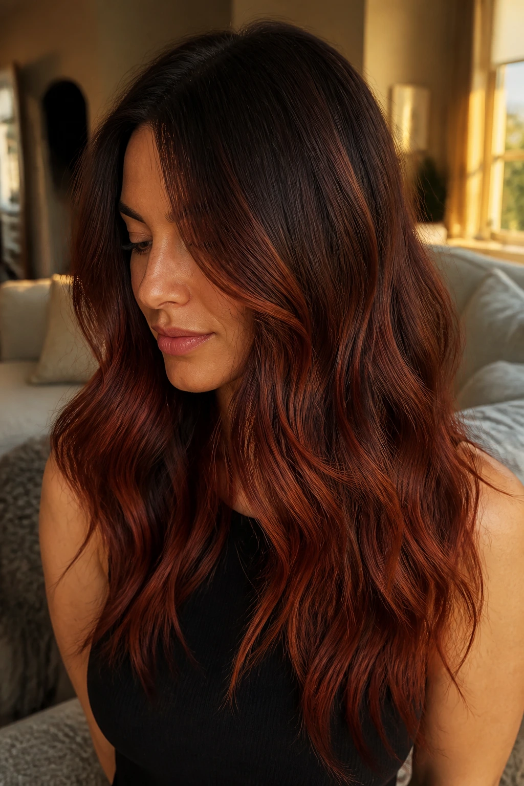 Close-up portrait of auburn melt balayage on brown hair