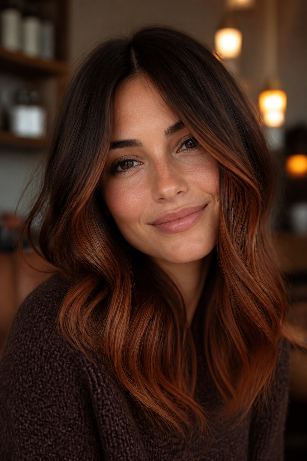 Close-up of a real woman with auburn melt on espresso brown hair