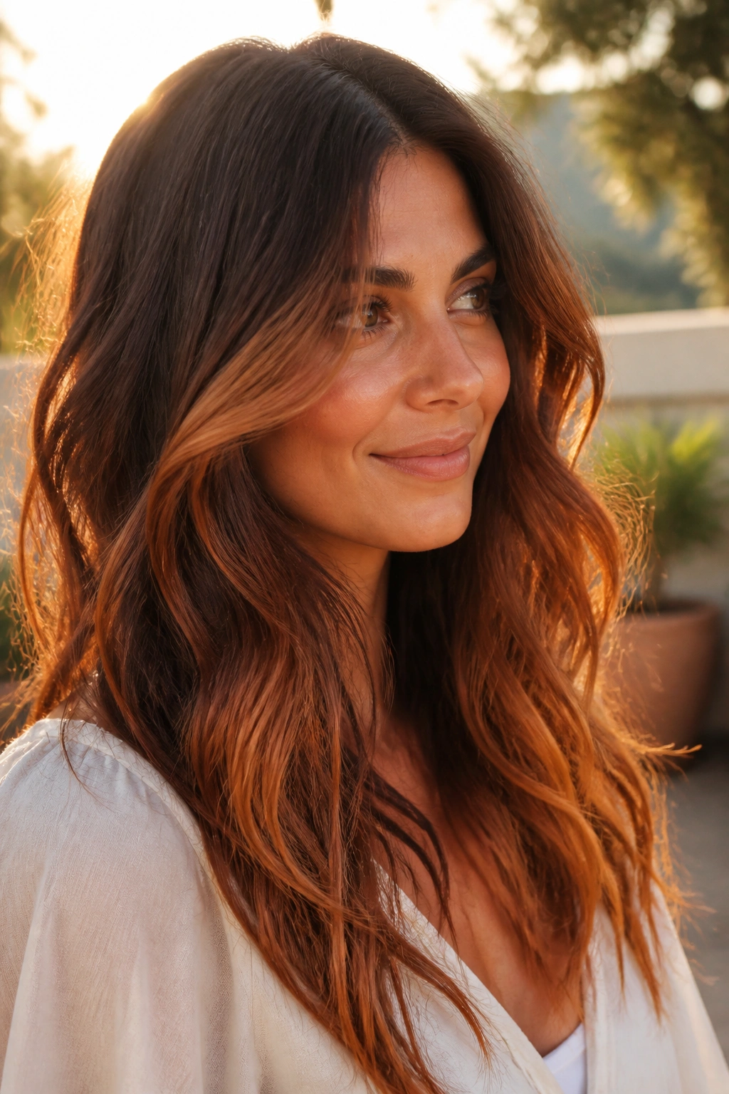 Close-up of a real woman with auburn melt hair showing gradient from roots to copper ends