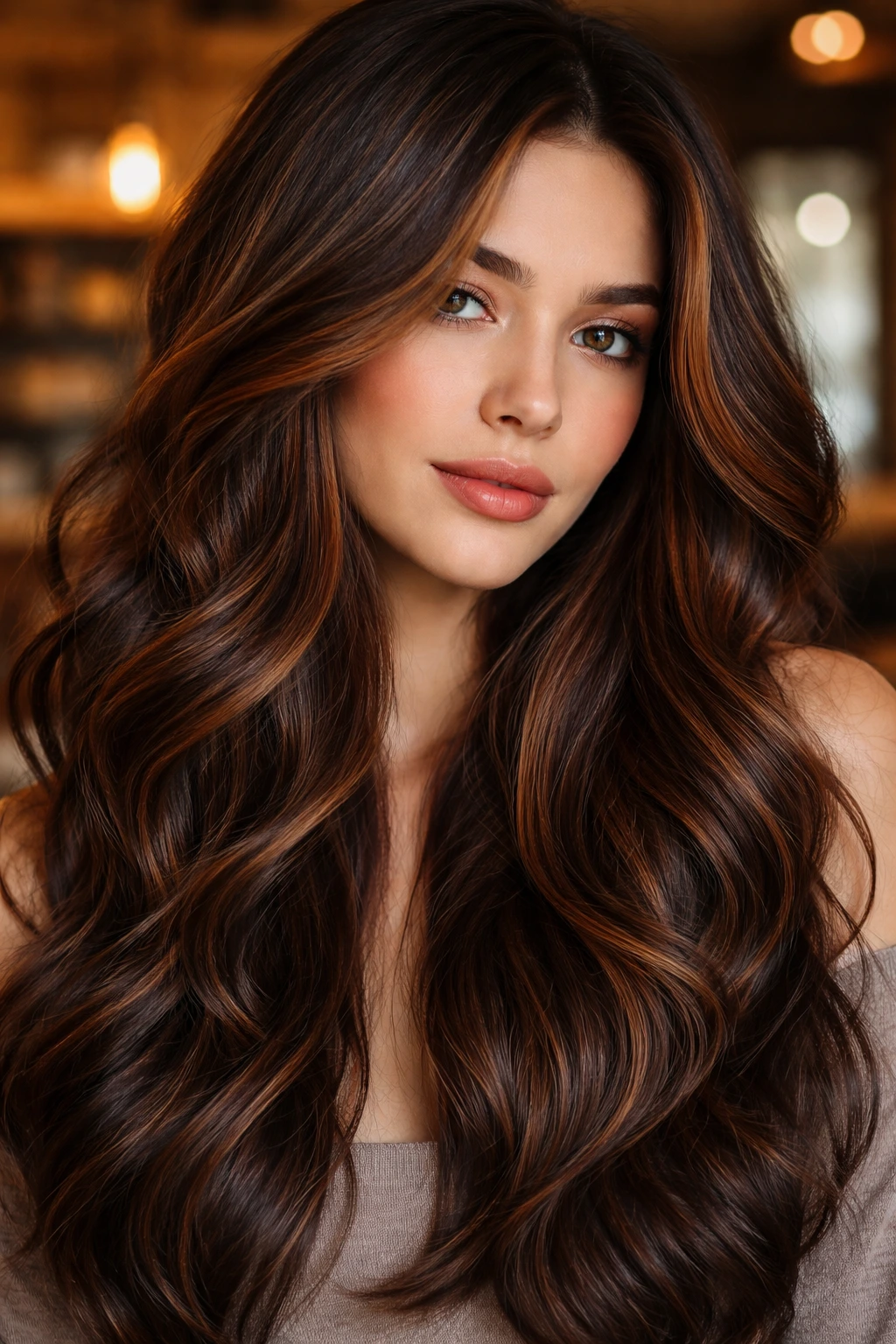 Close-up of a real person showing auburn and mocha highlights