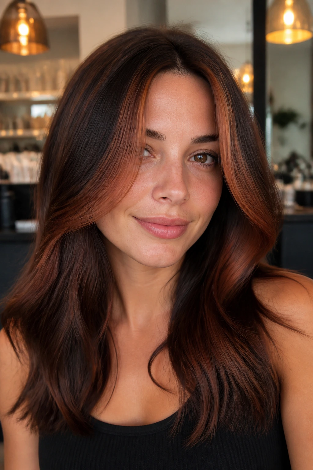 Close-up of a real woman with face-framing auburn money pieces and subtle ends in warm salon lighting.