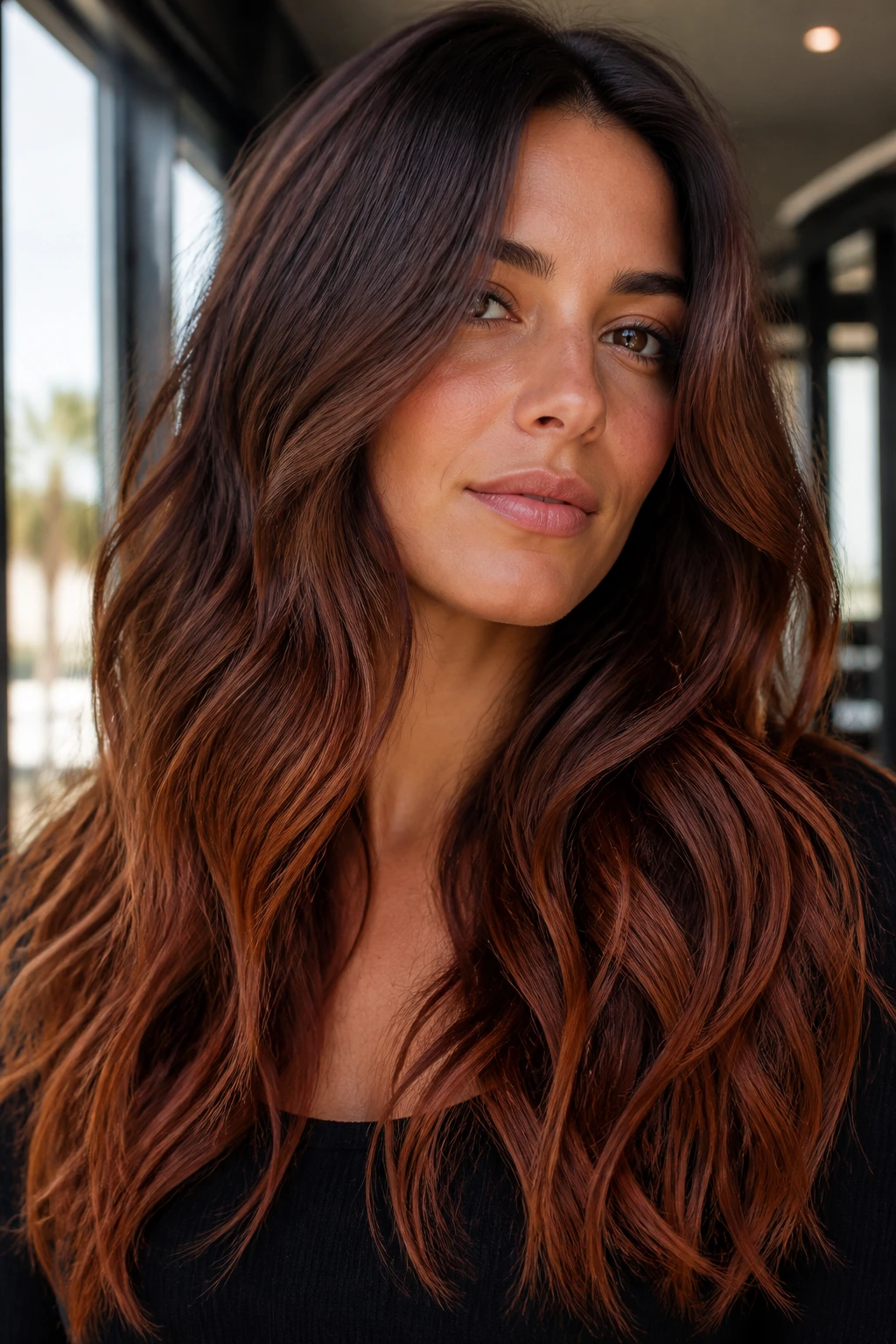 Real woman with long brown hair in a rich auburn ombré-balayage, captured in warm light.