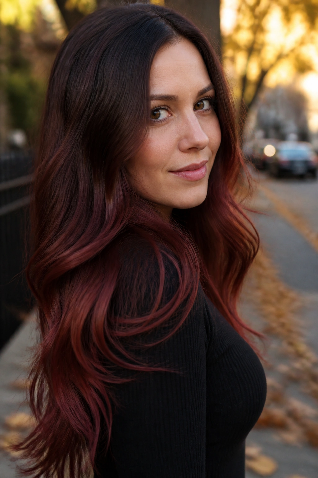 Close-up of a real woman with dark roots and cool-ended auburn ombre in golden hour light