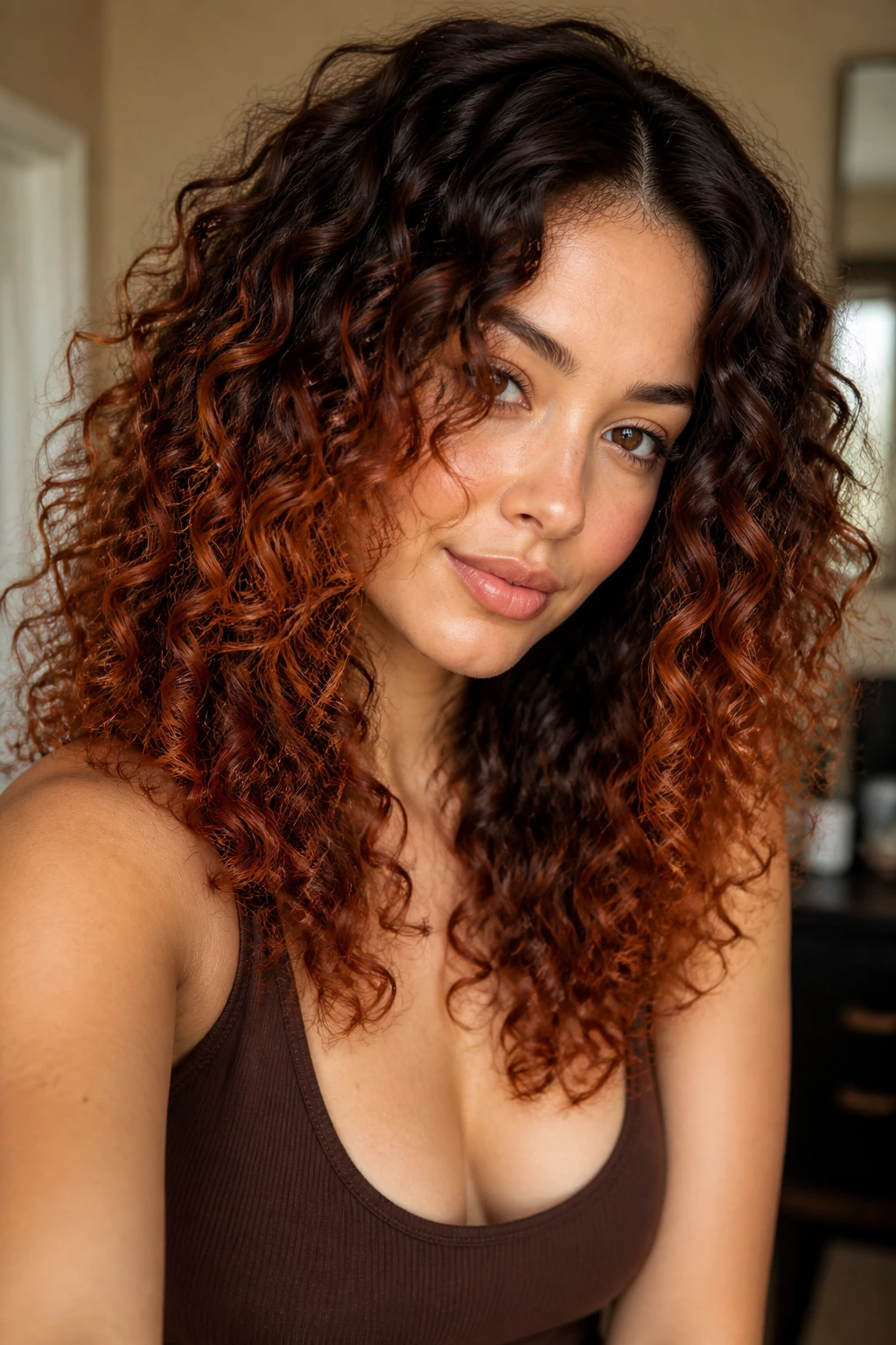 Close-up of a real woman with auburn ombré curls