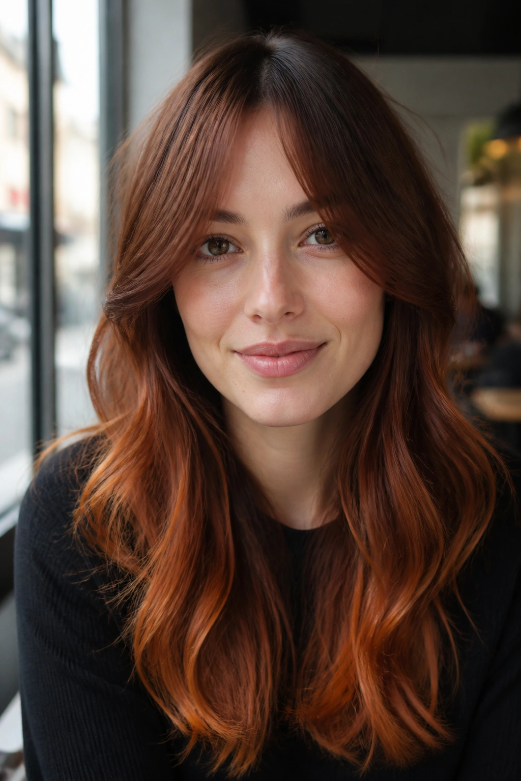 Close-up of a real woman's auburn ombre with curtain bangs