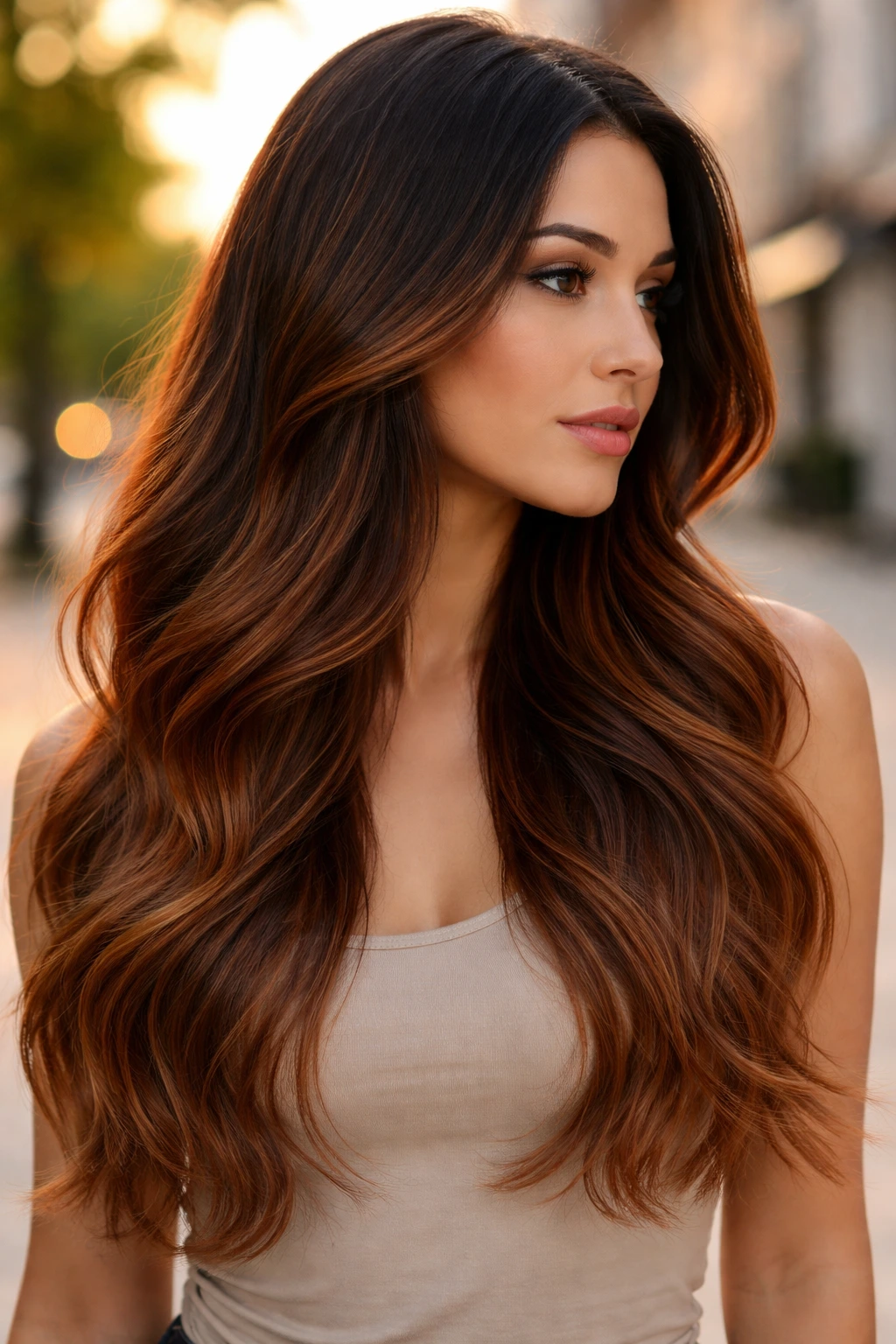 Portrait of a woman with dark roots and auburn ombre ends