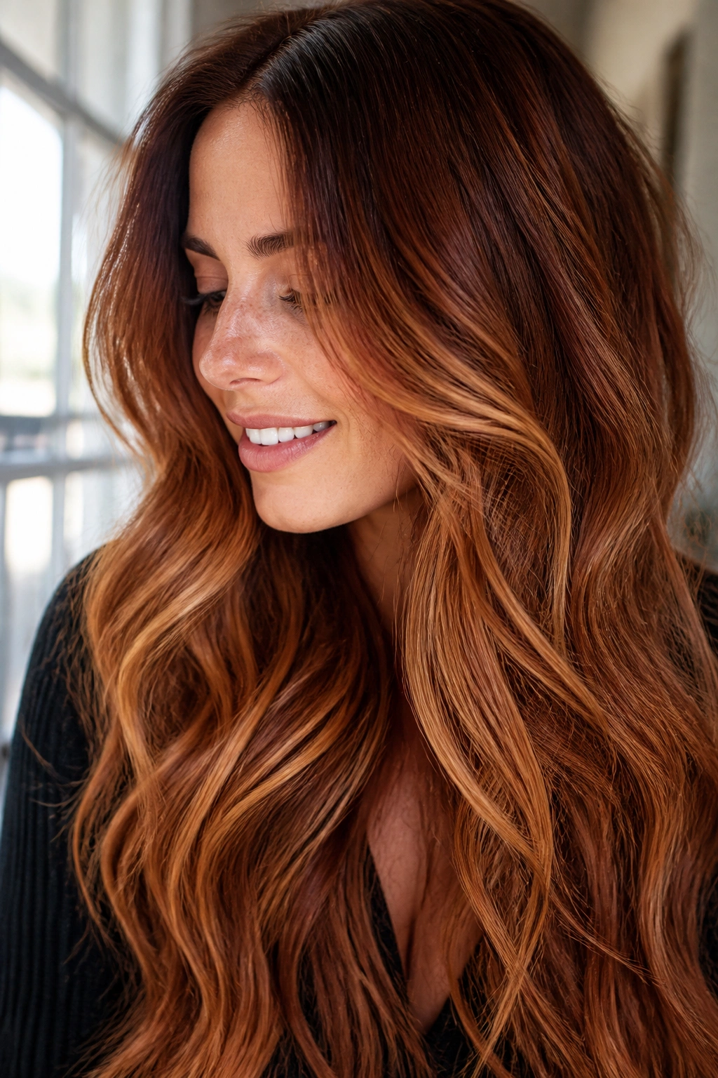 Close-up of a real woman's hair showing auburn ombre with gold reflections under window light