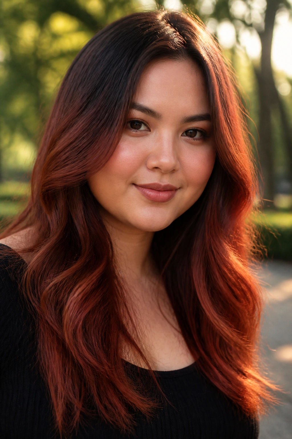 Close-up of auburn ombré hair on a real person with gradient color