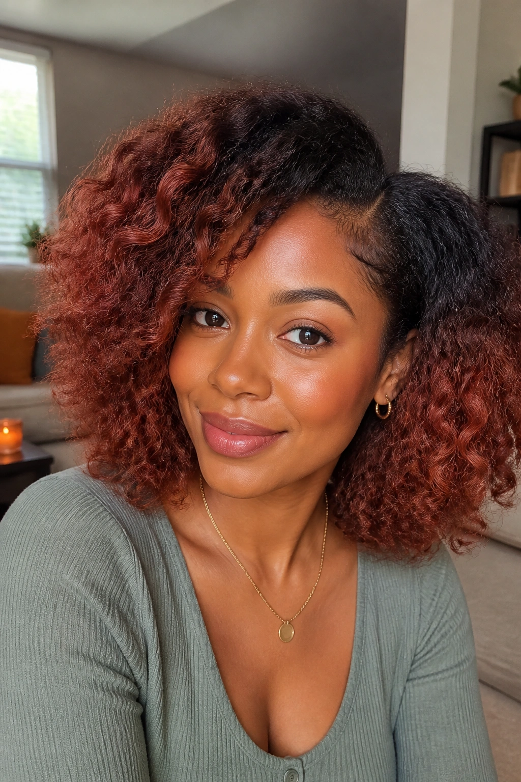 Close-up of a real woman with Auburn Ombre hair fading from dark roots to red-brown ends