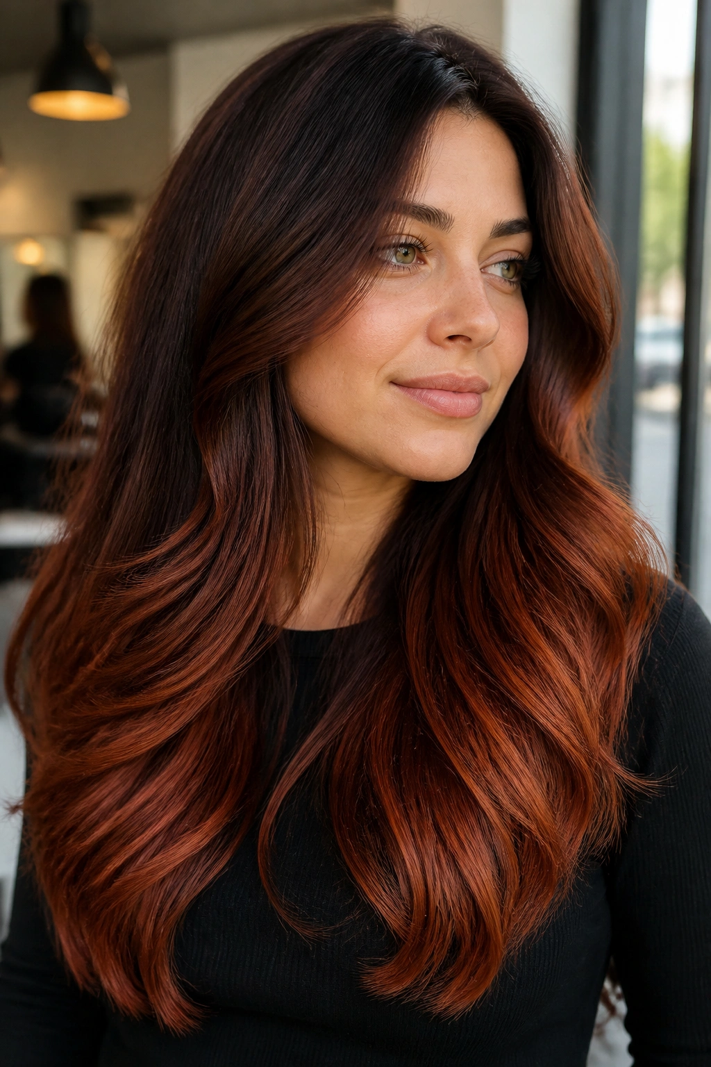 Close-up of a real woman with Auburn Ombré With a Root Melt hair showing dark roots fading to warm auburn