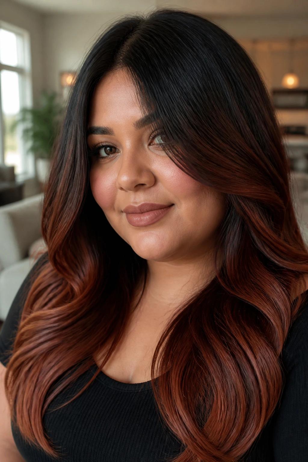 Close-up portrait of a real woman with black-to-auburn ombre waves and a mid-length sweep.